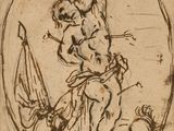 an image of a drawing of a man on a horse with a dog