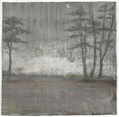 une image représentant un tableau avec deux arbres au milieu d'un champ
