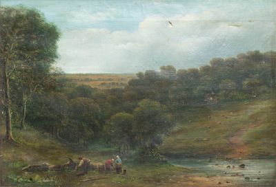 une peinture représentant une peinture où figurent des personnes et des animaux dans un champ