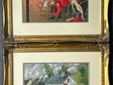 trois tableaux représentant des oiseaux et des fleurs, dans un cadre doré