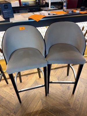 pair of grey leather bar stools with black legs