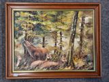 a painting of a deer and two deer in the woods