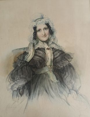 an old picture of a woman wearing a bonnet and a dress