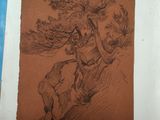 a drawing of a man riding a horse next to a tree
