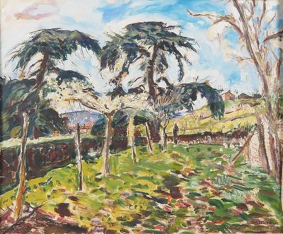 une peinture à l'huile représentant des arbres dans un champ, avec le ciel en arrière-plan