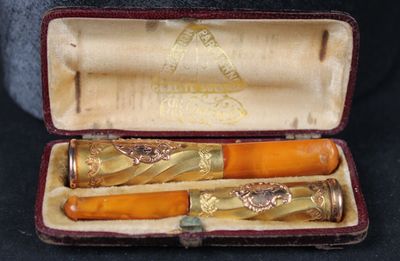 two pens in a case on a black surface