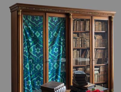 une table sur laquelle se trouve un vase de fleurs, devant une bibliothèque