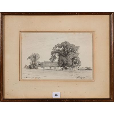 un dessin en noir et blanc représentant une ferme avec des arbres au premier plan