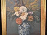a painting of flowers in a vase on a table