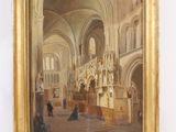 peinture représentant l'intérieur d'une église, avec des personnages au premier plan et des personnes assises au premier plan