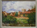 une peinture à l'huile représentant un village avec une église à l'arrière-plan