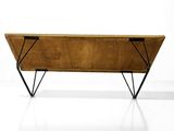 an image of a wooden bench sitting on top of a white floor