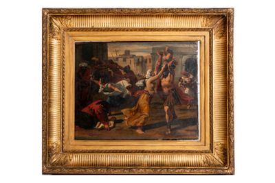 une image représentant un tableau où l'on voit un homme à cheval, guidé par une femme