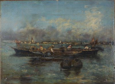 painting of boats in the water with people on them