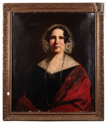 a painting of a woman in a black dress and red shawl