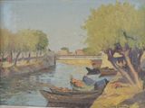 a painting of a river scene with boats on the water