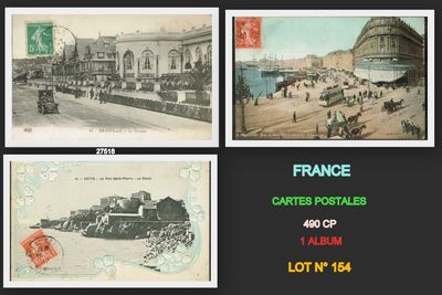 four postcards of old postcards of a city and a lot in front of a building