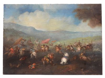 une image représentant un tableau où l'on voit un groupe d'hommes à cheval