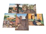 four paintings of people sitting at a table in front of a building