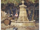 a painting of a fountain in a park with people around it