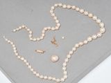 ensemble composé d'un collier et de boucles d'oreilles en perles, posé sur un fond gris