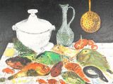 un tableau représentant des homards et d'autres mets sur une table