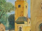 a painting of people walking down a street in front of a building