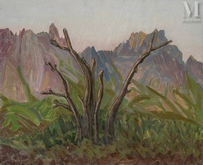 une peinture à l'huile représentant un arbre dans un champ, avec des montagnes en arrière-plan