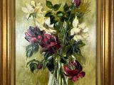 a painting of flowers in a vase on a table