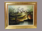 peinture d'un paysage avec des arbres et une maison au loin