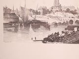 a drawing of a view of a city from a river