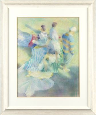 a painting of a group of people dressed in blue and white