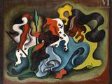 a painting of a group of people riding horses in a field
