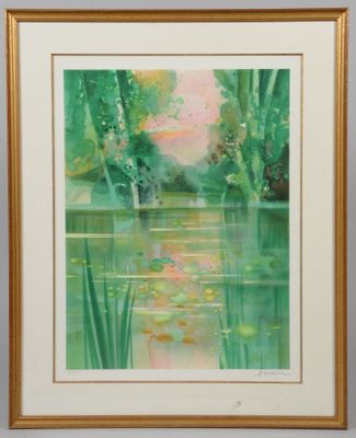une peinture à l'huile représentant un étang avec des nénuphars et des arbres