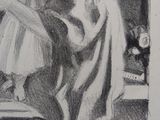 a black and white drawing of a woman holding a baby