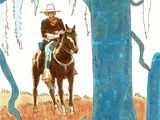 a drawing of a man riding a horse in the woods