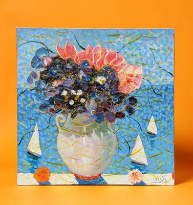 painting of a vase of flowers on a table with sailboats in the background