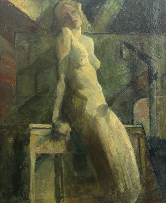une peinture à l'huile représentant une femme assise sur un tabouret dans une pièce