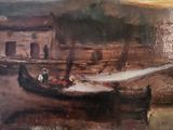 a painting of a boat on the water near a building