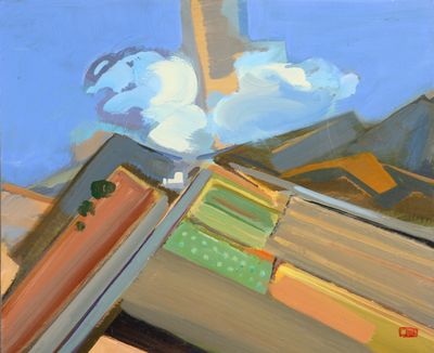 an oil painting of a train traveling through a rural countryside