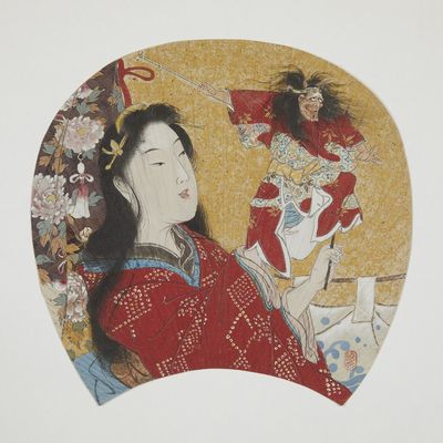 painting of a woman in a red kimono holding a fan