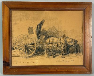 drawing of a horse drawn carriage with a man sitting on it