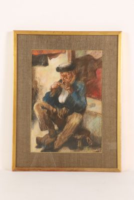 painting of a man sitting on a chair smoking a cigarette