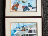 two framed paintings of a plane and a plane on a carpet