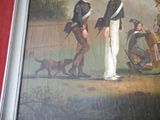 un tableau représentant deux hommes et un chien dans un champ