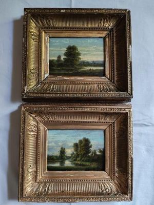 deux tableaux représentant un paysage avec des arbres et une rivière, dans un cadre doré