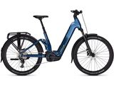a close up of a blue electric bike on a white background