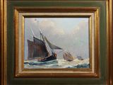 an oil painting of a sailboat in rough seas with other boats in the background