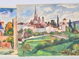 tableau représentant une ville avec de nombreux bâtiments et de nombreux arbres