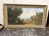 une peinture à l'huile représentant une scène de vie à la ferme avec deux vaches près d'une maison